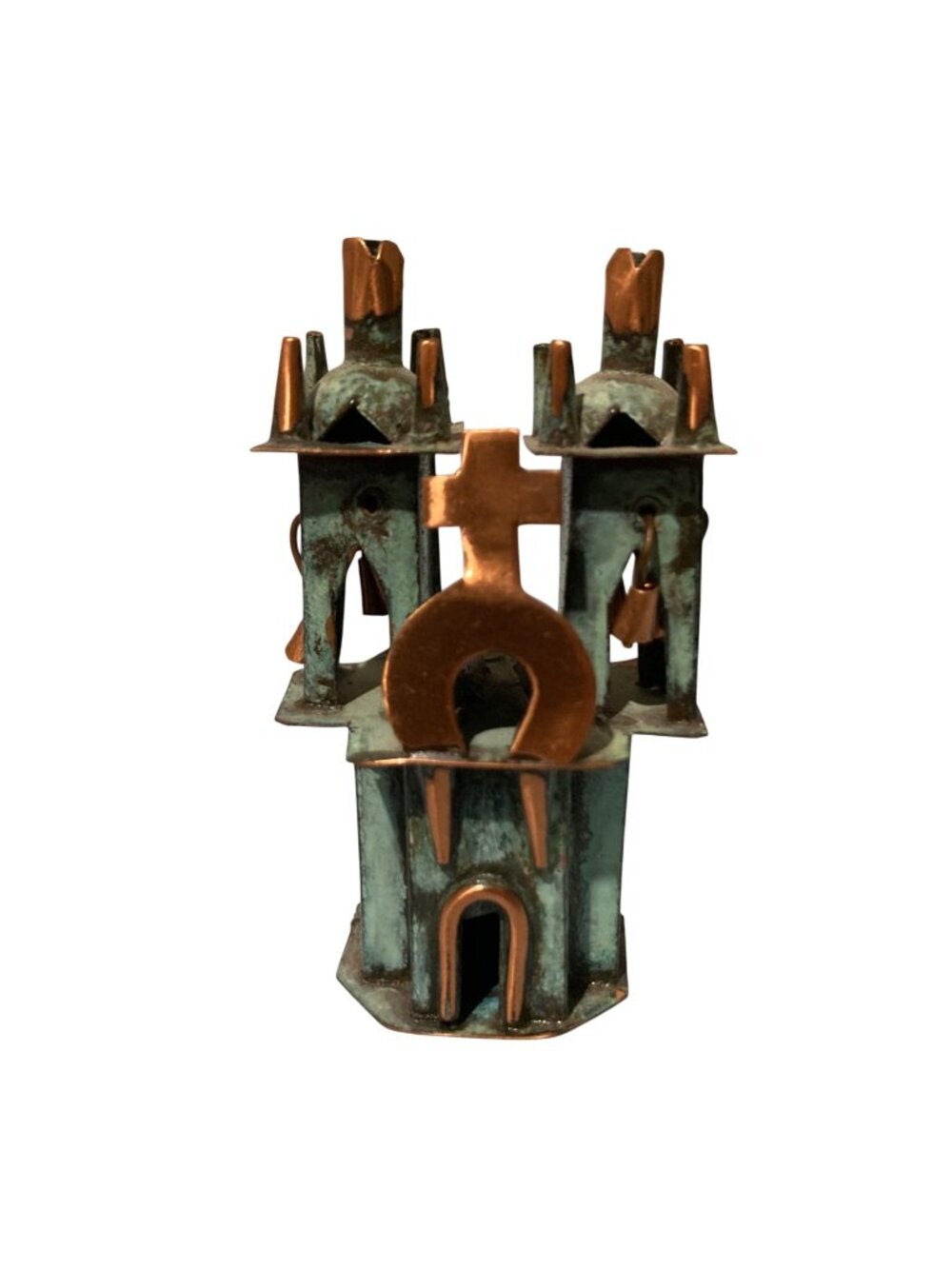 Vintage Miniature Handcrafted Green Bronze Copper Ayacucho Metal Church Bells